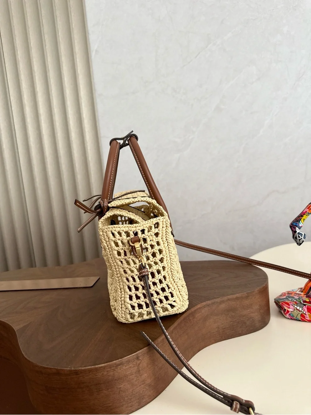 Miu Miu Crochet Satchel in Cream with Brown Leather Trim